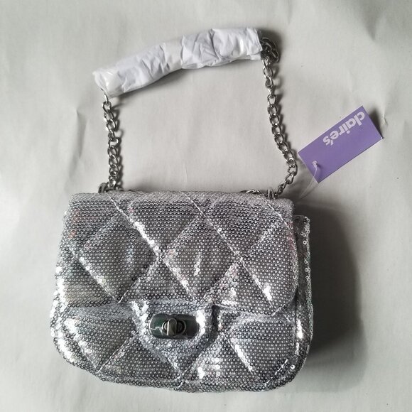 Claire's Silver Sequined Purse / Bag with silver chain strap - Picture 6 of 8